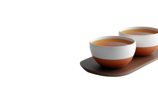 Enjoying freshly brewed herbal tea in minimalist ceramic bowls on a wooden serving tray for a cozy afternoon experience