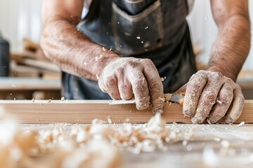 Caucasian male adult carpenter sanding wood plank in workshop with precision and skill