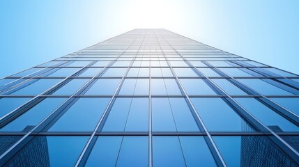 Fototapeta premium Tall Modern Skyscraper Reaching Towards Bright Blue Sky