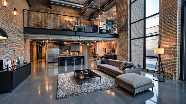 Interior of a luxury modern industrial loft with an open kitchen and exposed brick walls.