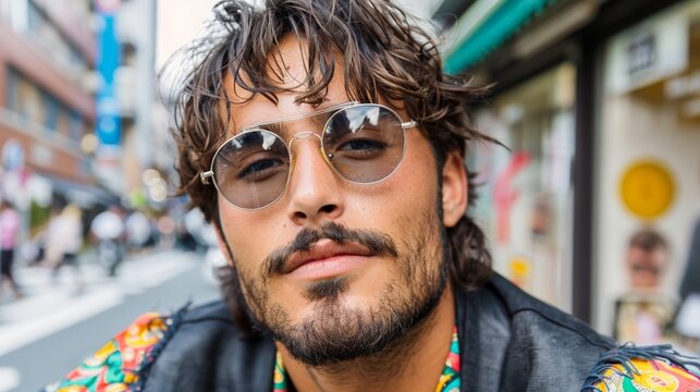 Confident young caucasian male with sunglasses in urban setting