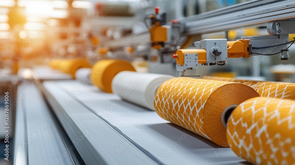 Poster modern factory production line with industrial equipment and colorful spools of material in workflow