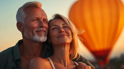 Couple is hugging and smiling at the beach. The woman is wearing a white shirt and the man is wearing a green shirt. The sky is orange and the couple is looking up at a hot air balloon
