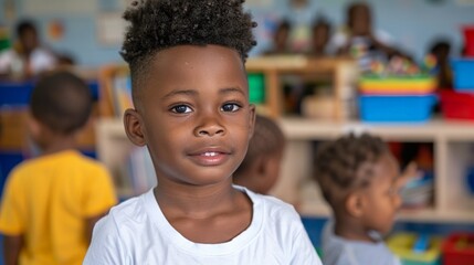 Smiling african child in classroom setting with peers in background