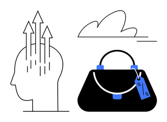 Human head with upward arrows, cloud symbol, and handbag with price tag. Ideal for growth, education, aspirations, ideas, consumer behavior fashion trends personal development. Abstract line flat