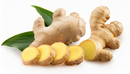 a collection of fresh ginger roots and slices in isolated on background