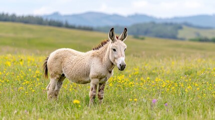Obraz premium Young donkey in a meadow, tranquil landscape, natural habitat, stock photo