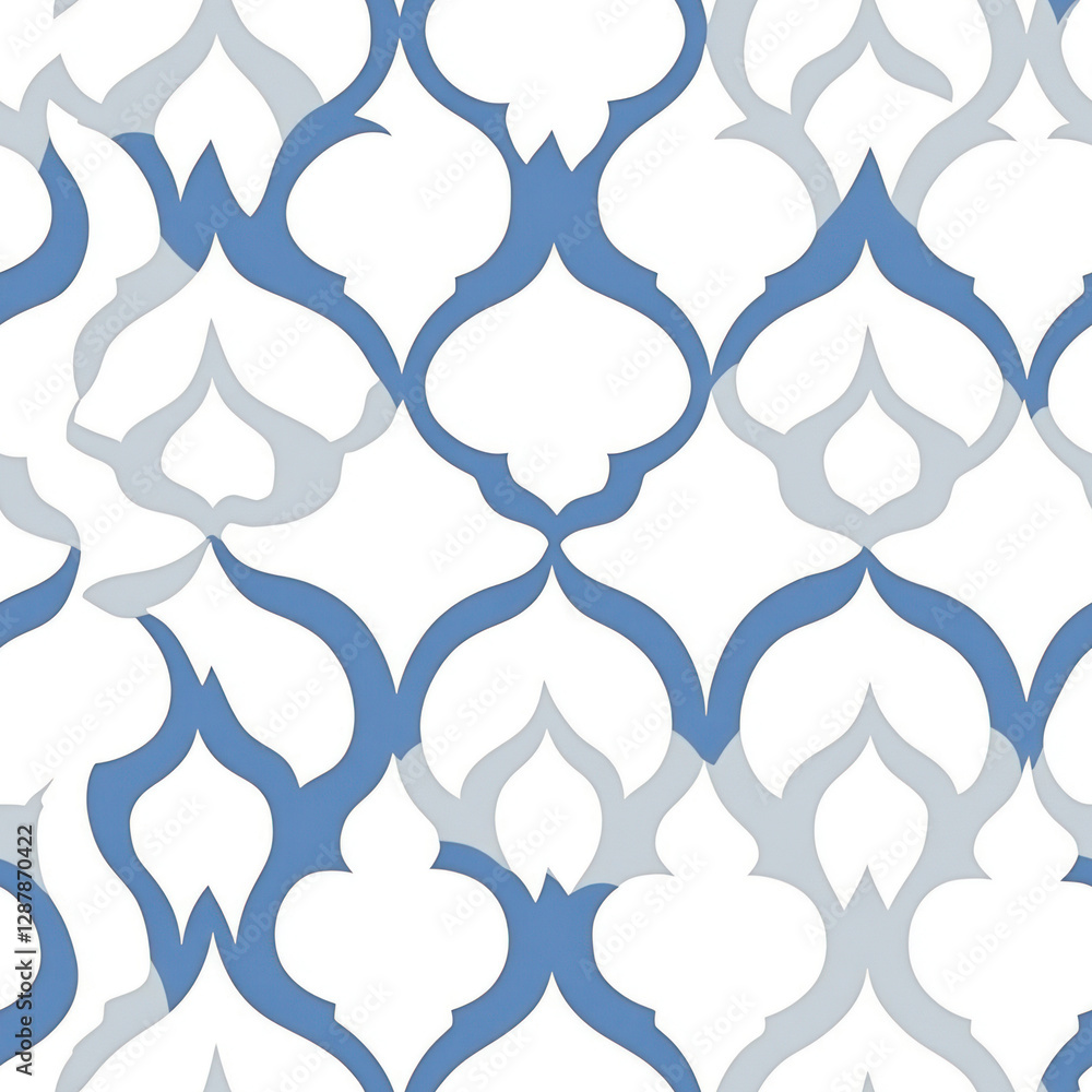 Poster repeating quatrefoil arches pattern in blue, white. abstract design on a plain background
