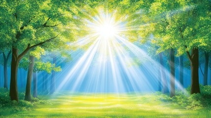 Obraz premium Sunbeams Illuminate Lush Green Forest Clearing