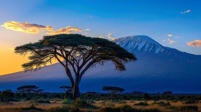 Majestic sunset over kenyan savanna with kilimanjaro s silhouette and whispering plains