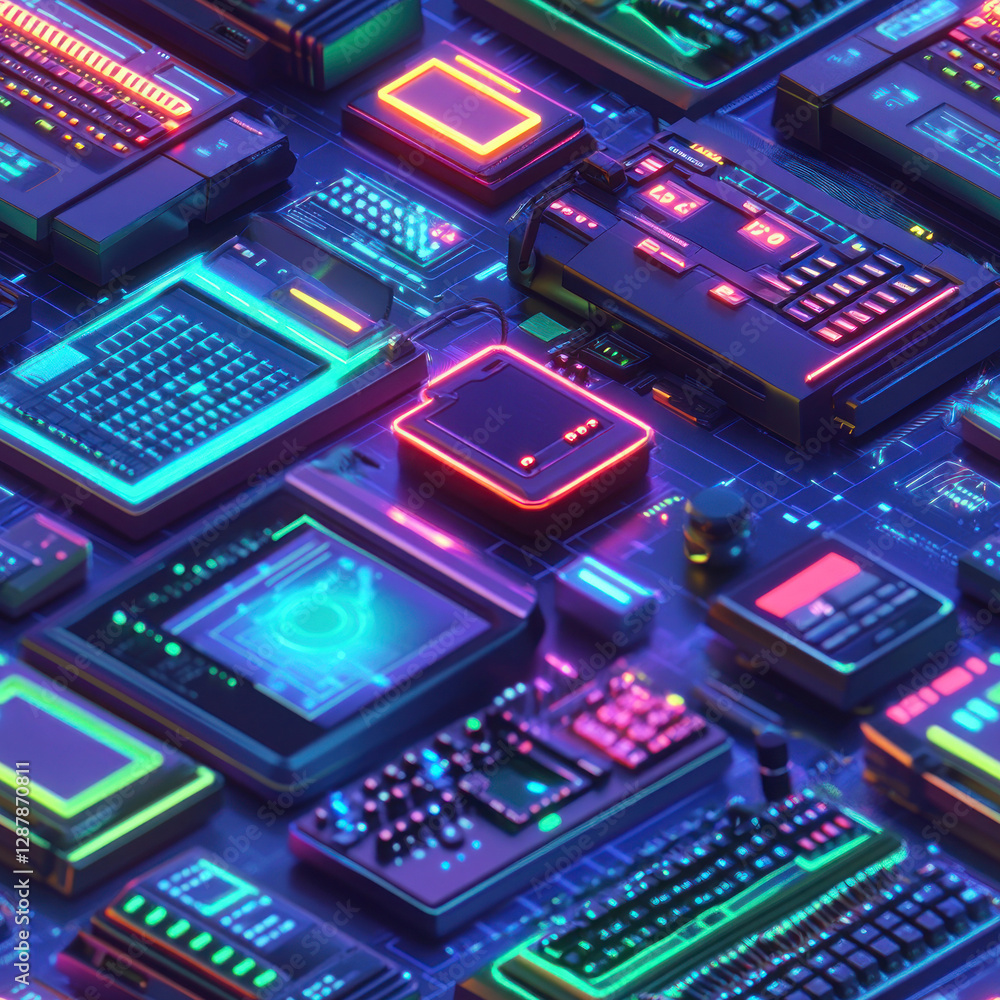 Poster retro computing devices glowing on futuristic surface. cyberpunk tech scattered against blue circuit