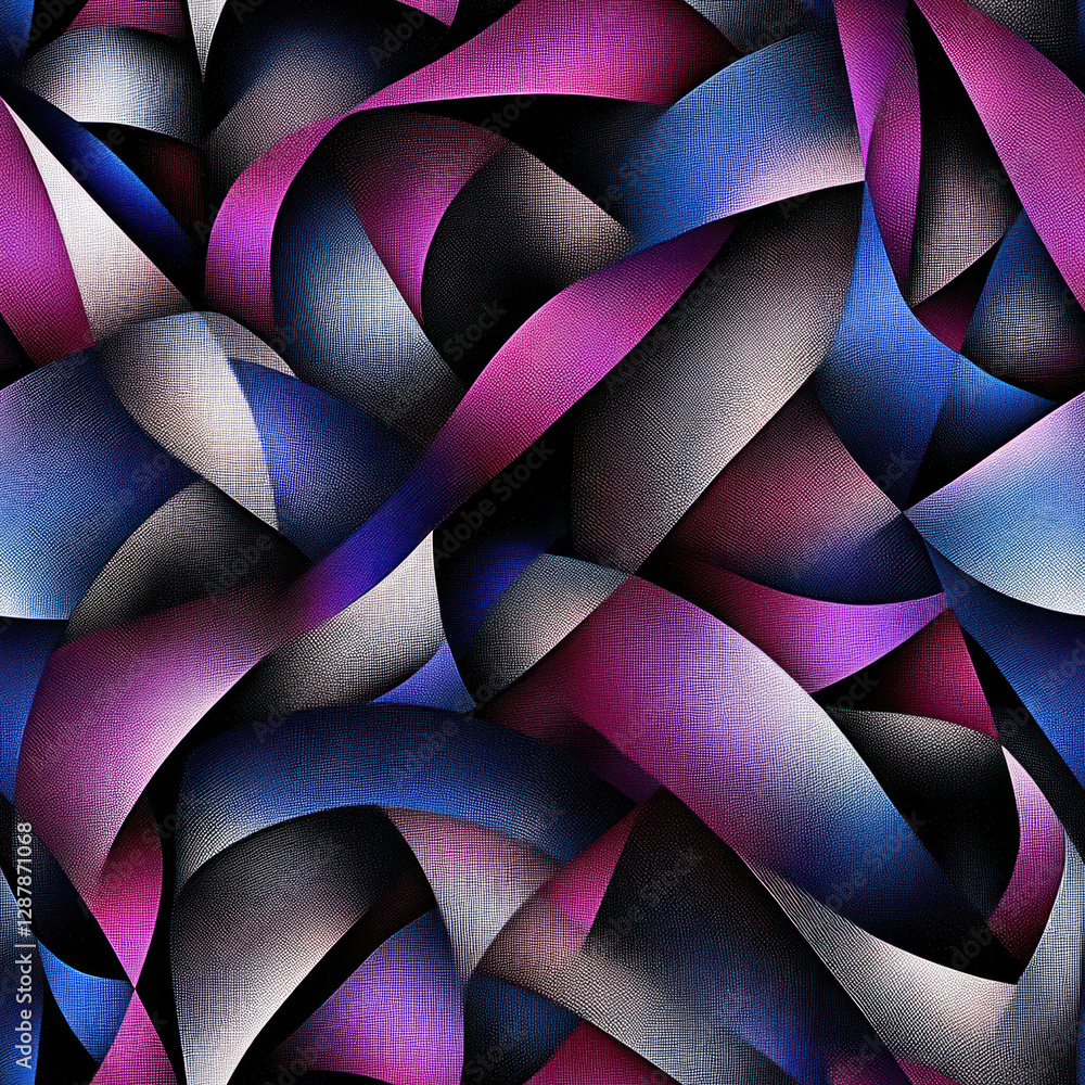 Poster ribbons intertwine abstractly, creating a colorful, textured geometric design on a flat backdrop