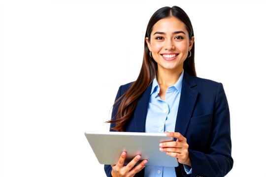 Smiling businesswoman portrait holding tablet. Professional headshot, studio shot isolated on transparent background. Ideal for corporate, tech, or business concepts.