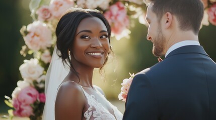 Black bride and groom are exchanging loving glances during their wedding ceremony, standing beneath a flower archway in a beautiful outdoor setting. A luxurious venue for a marriage reception