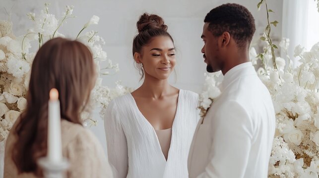 Happy black bride smiling at groom while exchanging vows during wedding ceremony officiated by officiant, with warm lighting and elegant decorations creating romantic atmosphere - Powered by Adobe