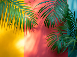 Fototapeta premium Colorful tropical leaves against vibrant wall shadows