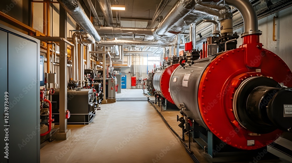 Poster a large industrial building with a red boiler in the middle. the building is filled with pipes and m