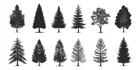 Obraz premium Forest Tree Silhouettes Isolated on White Background