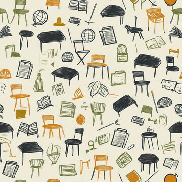 Scattered furniture, books, and objects on a light cream background