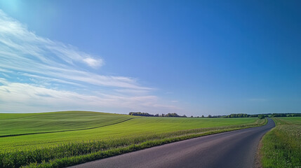 Fototapeta premium Wide road into distance, flanked by green fields and blue sky. High-definition, horizontal composition. Serene beauty.