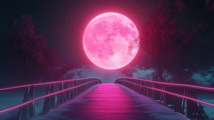 Pink moonlit bridge, night scene, fantasy landscape, digital art, background