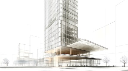 Obraz premium Modern high rise building sketch with trees and urban design high resolution picture