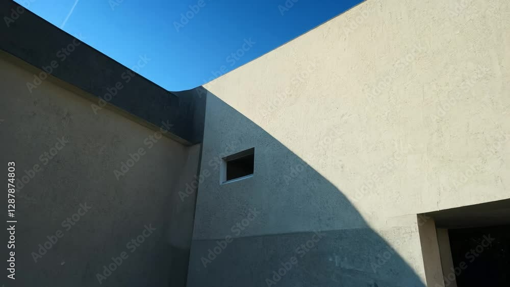 Poster zoom in video of a brutalist concrete house with sharp angles and minimal ornamentation under harsh 