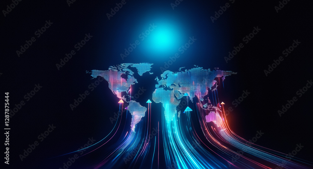 Poster digital world map composed of pixels illuminates brightly, with vibrant light trails extending from 