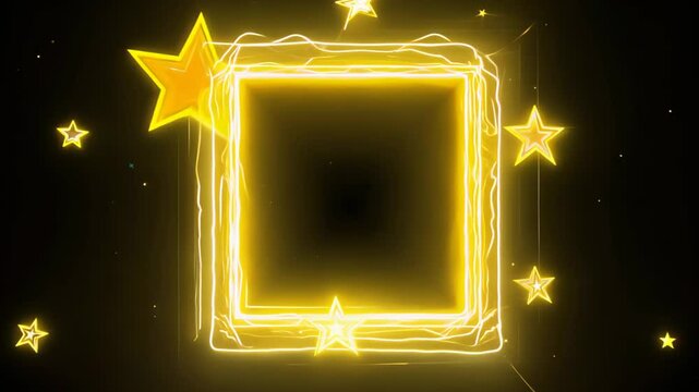 Luminous golden neon square frame materializing gradually against dark backdrop, sparkling stars emerging, suitable for dynamic visual presentations, logo reveals, title sequences