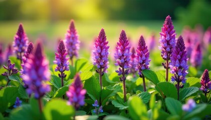 Naklejka premium Dense purple Ajuga reptans flowers bloom in sunny summer field, foliage, blooming