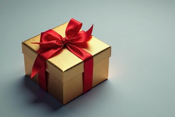 Fototapeta premium Gift box wrapped in bright red and gold ribbon, package, luxury gift, present