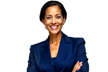 Smiling businesswoman portrait in blue suit. Isolated on transparent background. Ideal for corporate headshots, team profiles, and leadership presentations.