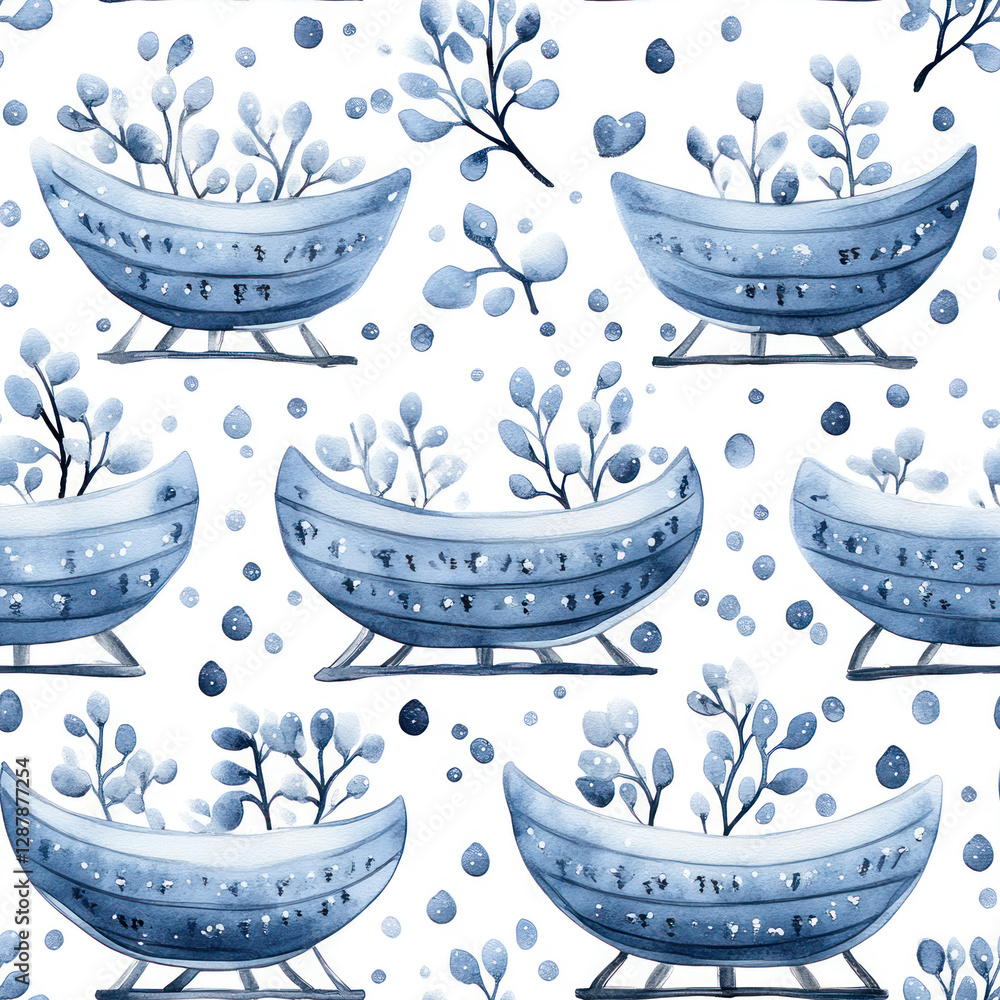 Poster seamless pattern boat-shaped planters holding delicate foliage on white backdrop with floating dots