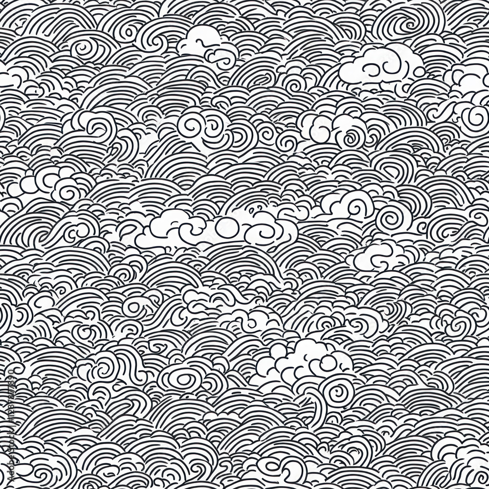 Poster seamless pattern of stylized waves and clouds in black and white with line art background