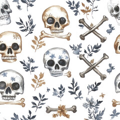 Seamless pattern Skulls, bones, floral elements scatter across white background, creating spooky, elegant decor