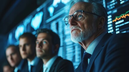 Fototapeta premium A group of analysts working on a stock market report, digital charts on screen