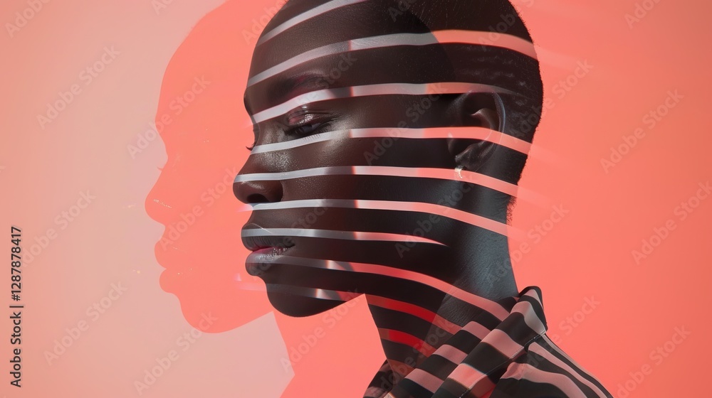 Poster artistic portrait with abstract light patterns on a model's face