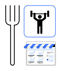 Fork, weightlifting icon, digital storefront with awning. Ideal for themes of fitness, nutrition, e-commerce, healthy lifestyle, online shopping balance wellness. Abstract line flat metaphor