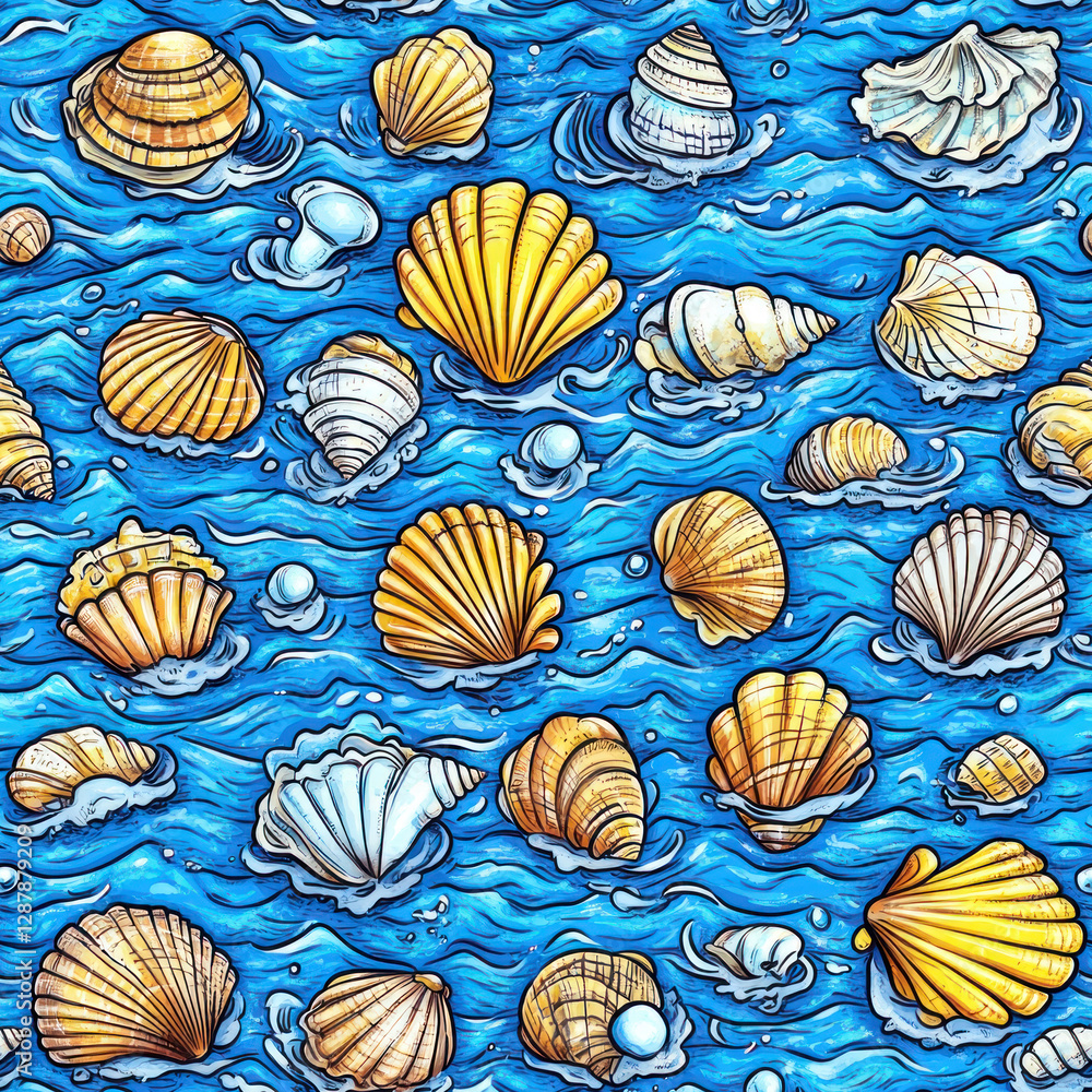 Poster seashells floating within wavy water. coastal pattern. nautical background. oceanic scene