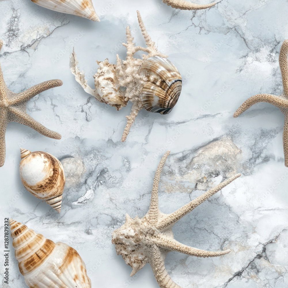Poster Seashells scattered across marble surface creating a natural beachy pattern in a studio environment