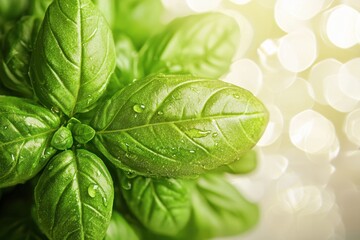 Fototapeta premium Fresh Green Basil Leaves with Water Droplets - Close-Up Macro Photography