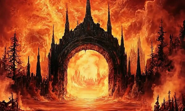 Hellish Gate: A Fiery Gothic Landscape