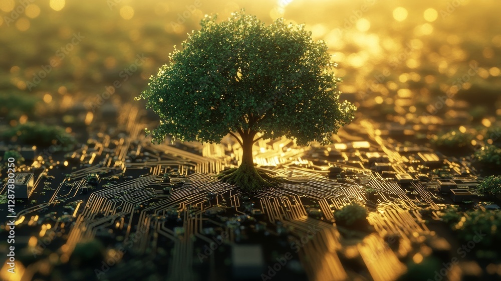 Poster A single tree growing on a computer motherboard illuminated by warm sunlight, symbolizing technology and nature integration. Environmental preservation concept