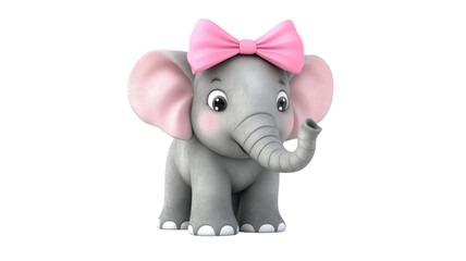 Obraz premium Cute cartoon elephant in a pink bow standing on a white background with a cheerful expression and friendly demeanor