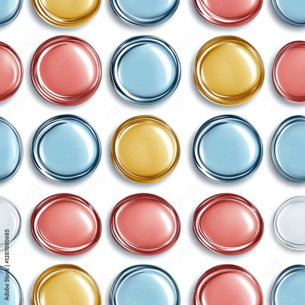 Poster shiny colorful circles aligned diagonally, creating a vibrant pattern on a plain white background