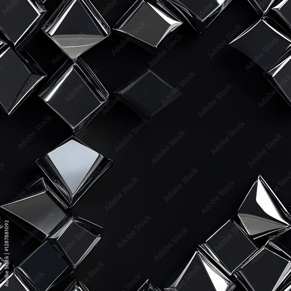 Poster shiny squares scattered on plain dark surface, reflecting light, creating an abstract scene