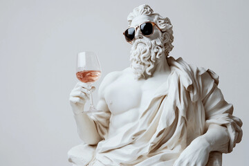 Arrogant portrait of a sculpture of Greek god in fashionable sunglasses with wine glass in hand on a white background 