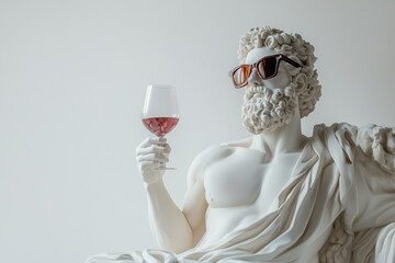 Arrogant portrait of a sculpture of Greek god in fashionable sunglasses with wine glass in hand on a white background 