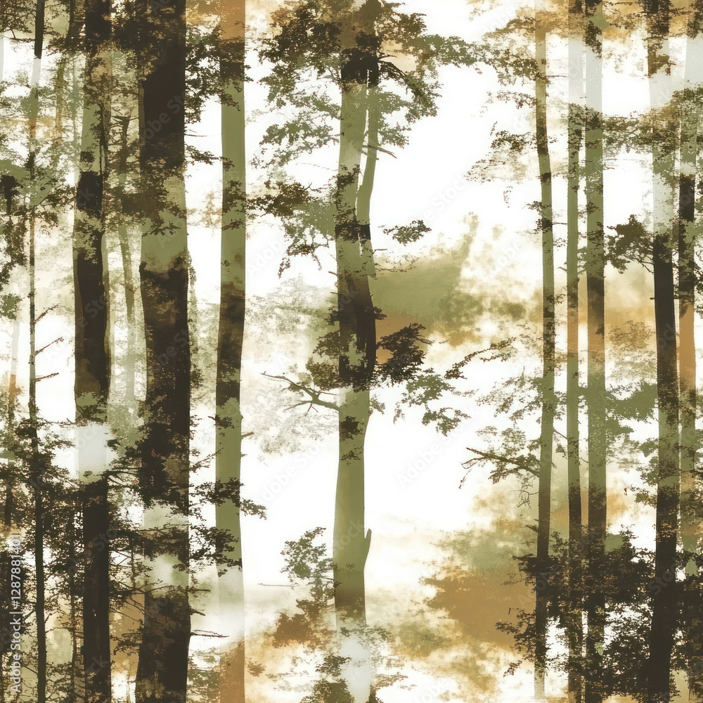 Poster silhouetted trees rising in a hazy forest against a bright, diffuse background