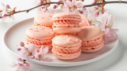 Fototapeta premium Colorful macarons with cream, raspberries, and strawberry. Delicious French macarons. Colorful macarons. Colorful French cookies. Valentine's Day. Mother's Day
